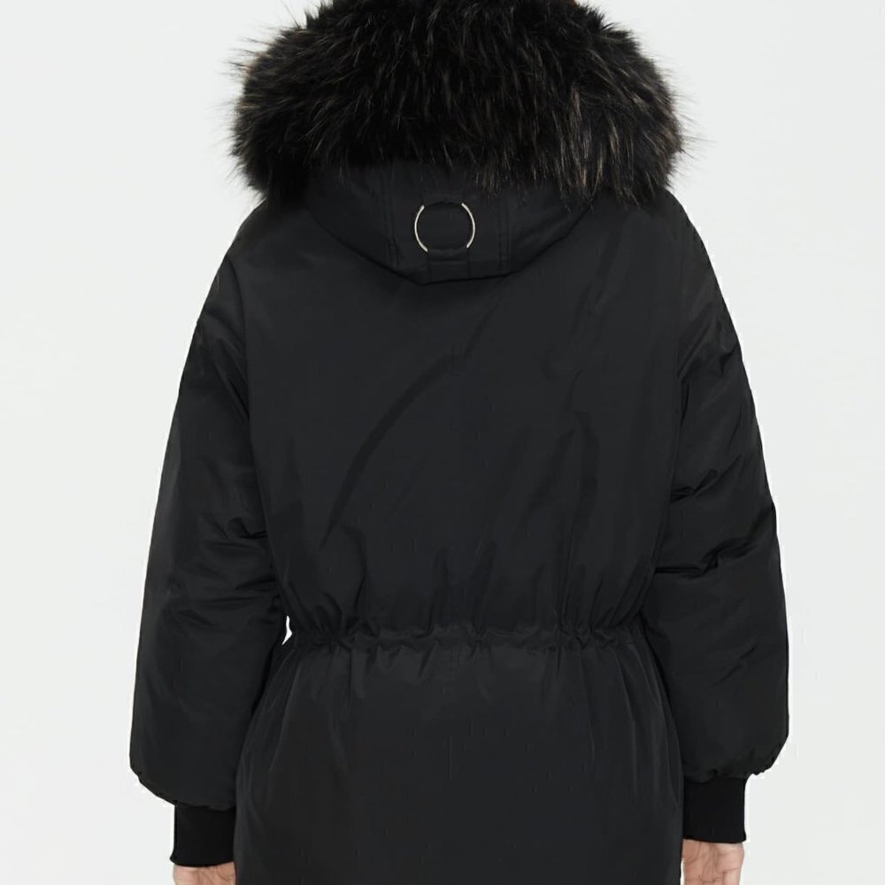 Black Preppy Womens Flap Pocket Hooded Parka Coat - Picture 3 of 3